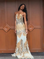 Load image into Gallery viewer, Women's Leopard Print Long Maxi Dress Halter Neck Plunge Front Tiered Ruffle Mermaid Skirt Elegant Party Cocktail Daily Gowns