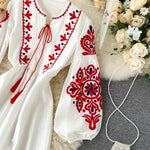 Load image into Gallery viewer, Women Autumn Dresses Bohemian Embroidered Flower O-Neck Lantern Sleeve High Waist Pleated Dress All-match Female Vestidos PL393