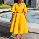 Load image into Gallery viewer, Elegant Dresses for Women V Neck Flare Sleeve High Waisted Pleated A Line Mid Calf Luxury Birthday Party Dinner Vestidos Mujer