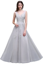 Load image into Gallery viewer, Women Burgundy Evening Dress Lace Appliques Tulle V-Neck Sexy Backless Prom Dresses A-Line Floor-Length Sleeveless Party Vestido