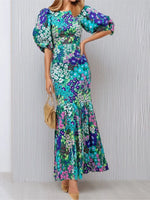 Load image into Gallery viewer, Fashion Print Dress For Women Casual O-Neck Puff Sleeve High Waist Dresses Robe Femme Elegant Party Womens Clothing Summer New