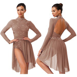 Load image into Gallery viewer, Womens Gymnastics Lyrical Ballet Dance Glittery Rhinestone Dress Ruched Backless Leotard Dresses Contemporary Dance Costumes