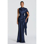 Load image into Gallery viewer, Women's Elegant Party Dresses Draped Cape Satin Evening Gown, High Neck Corset Back Formal Dress with Ruched Waist 2026