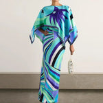 Load image into Gallery viewer, Women Tropical Leaf Print Cape Two Piece Set Batwing Loose Top High Waist Maxi Dress 2026 Summer Fashion Vacation Casual Suit