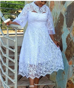 Load image into Gallery viewer, White Lace Dresses for Women Wedding Guests Elegant Turn Down Collar Puff Sleeves Pleated Hem Midi Dress Luxury Occasion Clothes