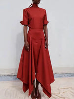 Load image into Gallery viewer, Women's Formal Evening Gowns Red Asymmetric Skirt Evening Dresses Elegant Party Dresses Tie Neck Blouse & High Waist Maxi Set