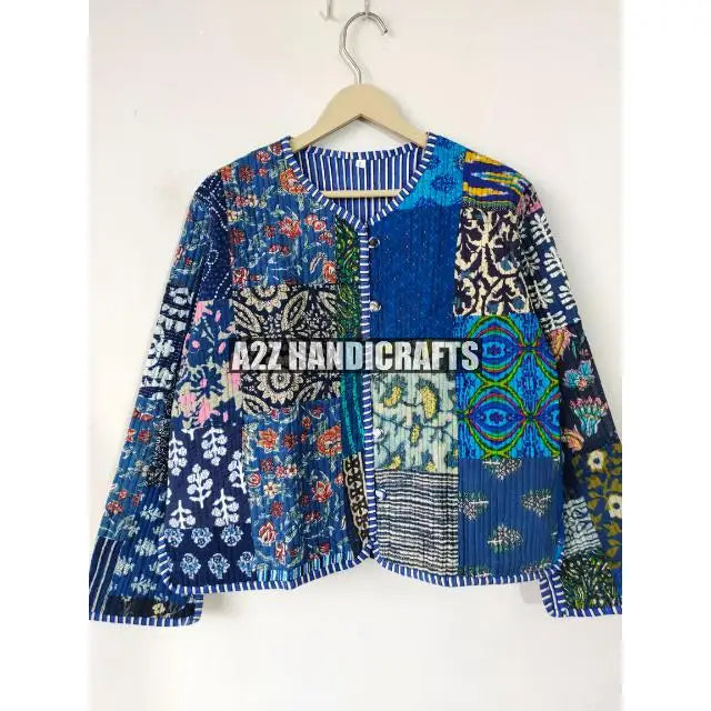 Indian Hand Block Quilted Jacket for Women Handmade Light Weight Cotton Filled Party Wear New Style Short Kimono Coat