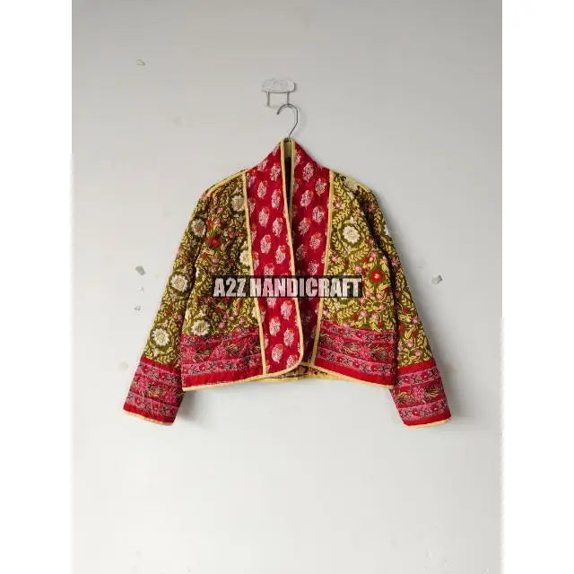 Women Wear Front Open Indian Handmade New Printed Cotton Quilted V-neck Jacket For Women BohoCoat Floral Block Vintage Boho Coat