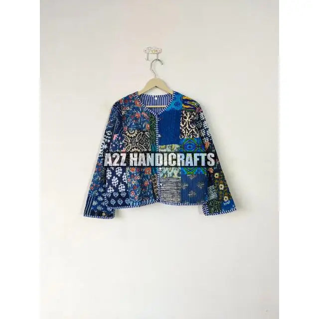 Indian Hand Block Quilted Jacket for Women Handmade Light Weight Cotton Filled Party Wear New Style Short Kimono Coat