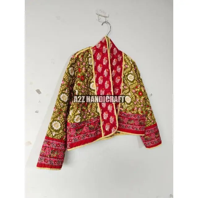 Women Wear Front Open Indian Handmade New Printed Cotton Quilted V-neck Jacket For Women BohoCoat Floral Block Vintage Boho Coat