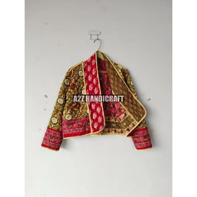 Women Wear Front Open Indian Handmade New Printed Cotton Quilted V-neck Jacket For Women BohoCoat Floral Block Vintage Boho Coat