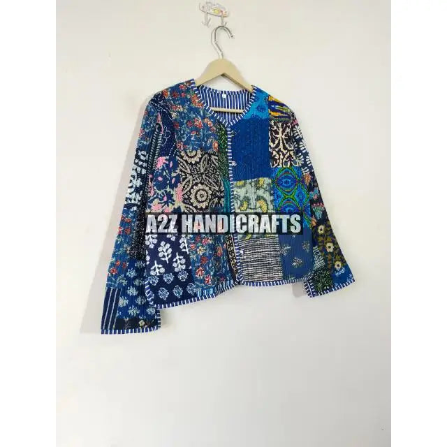 Indian Hand Block Quilted Jacket for Women Handmade Light Weight Cotton Filled Party Wear New Style Short Kimono Coat