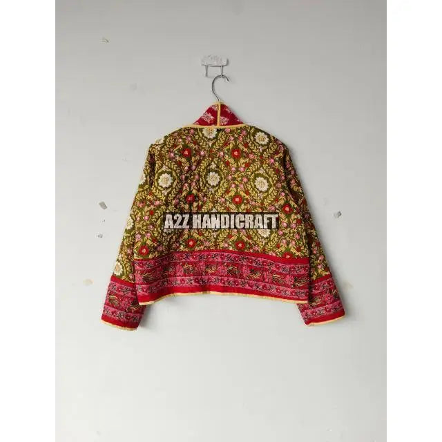 Women Wear Front Open Indian Handmade New Printed Cotton Quilted V-neck Jacket For Women BohoCoat Floral Block Vintage Boho Coat