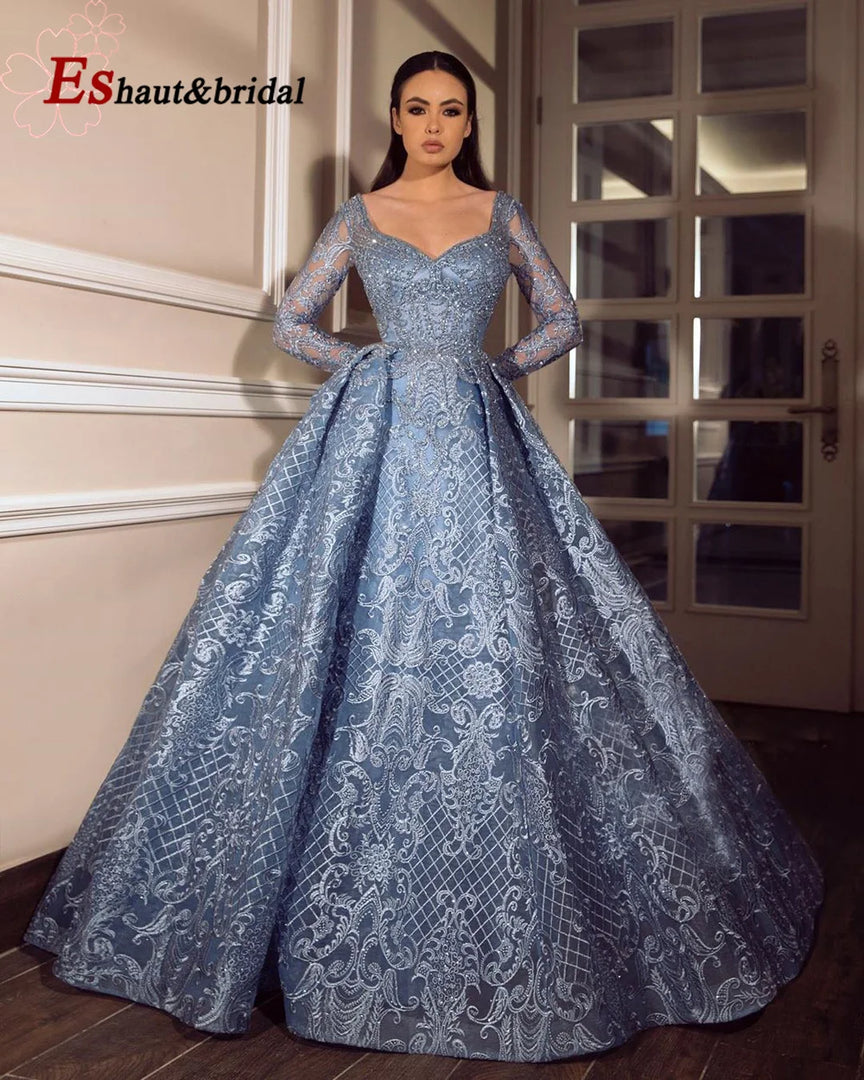Elegant Dubai Muslim Evening Dress for Women 2026 Long Sleeves Aline V-Neck Lace Wedding Prom Formal Party Gowns Customized