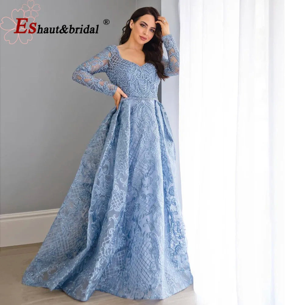 Elegant Dubai Muslim Evening Dress for Women 2026 Long Sleeves Aline V-Neck Lace Wedding Prom Formal Party Gowns Customized