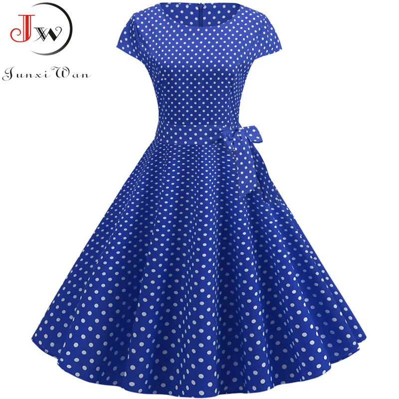 Women Summer Dresses Robe Vintage 1950s 60s Pin Up Big Swing Party Work Wear Rockabilly Dress White Polka Dot Vestidos