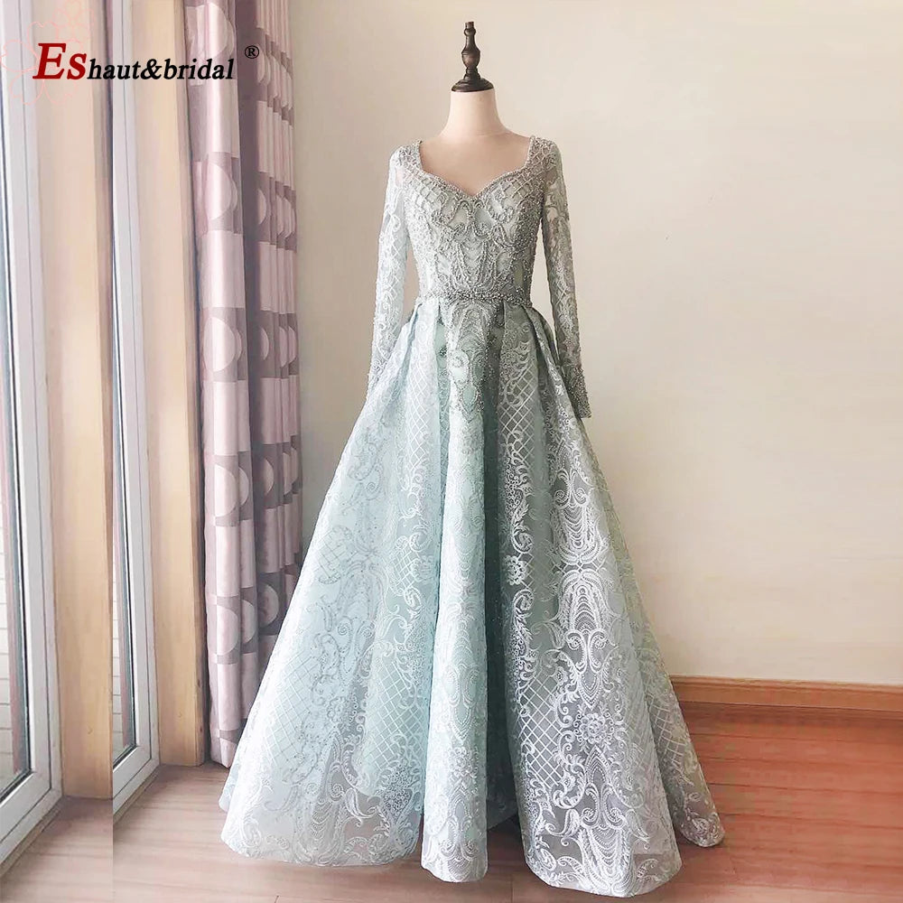 Elegant Dubai Muslim Evening Dress for Women 2026 Long Sleeves Aline V-Neck Lace Wedding Prom Formal Party Gowns Customized