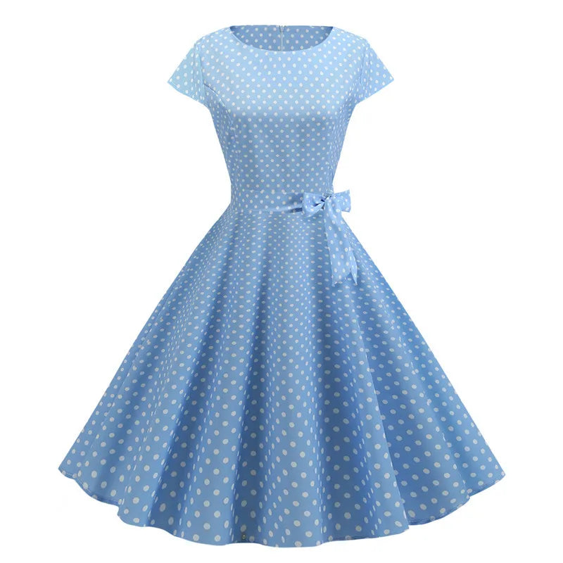 Women Summer Dresses Robe Vintage 1950s 60s Pin Up Big Swing Party Work Wear Rockabilly Dress White Polka Dot Vestidos