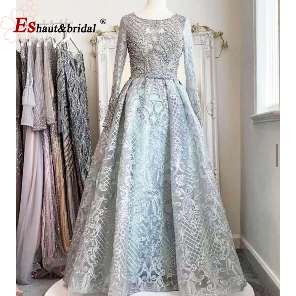 Elegant Dubai Muslim Evening Dress for Women 2026 Long Sleeves Aline V-Neck Lace Wedding Prom Formal Party Gowns Customized