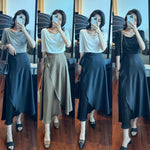 Load image into Gallery viewer, 2024 Summer New Fashion Elegant All-match Slim Shoulder Half-sleeve T-shirt Draped Double Split Umbrella Skirt Two-piece Set