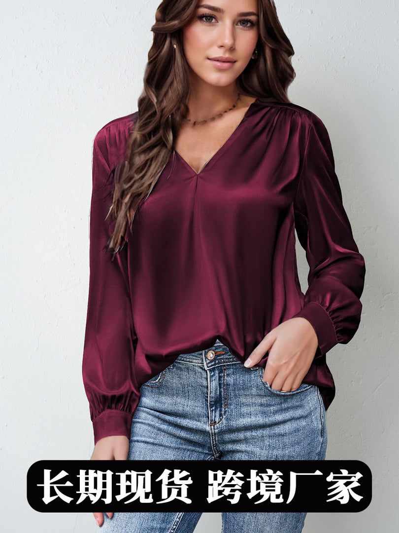 2026 Amazon Hot-Selling Women's Clothing Satin Pleated Long-Sleeve Top V-Neck Casual Loose Satin Commuter Shirt