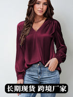 Load image into Gallery viewer, 2026 Amazon Hot-Selling Women's Clothing Satin Pleated Long-Sleeve Top V-Neck Casual Loose Satin Commuter Shirt