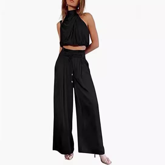Women's 2-Piece Suit 2023 Summer Fashion Casual Sleeveless Boat Neck Crop Top Wide-Leg Pants