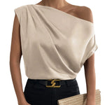 Load image into Gallery viewer, 2026 Spring Solid Color Satin Imitation Silk Irregular Off-Shoulder One-Neck Pullover Sleeveless Shirt for Women European and American Fashion