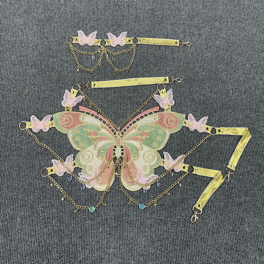 ins European and American cross-border fashion embroidered butterfly stitching metal crystal ornaments ultra-short sling