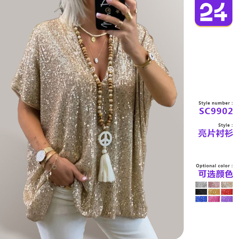2026 New European and American Amazon Short-Sleeved Urban Casual Color Loose-Fitting Pullover Sequined V-Neck T-Shirt Tops for Women