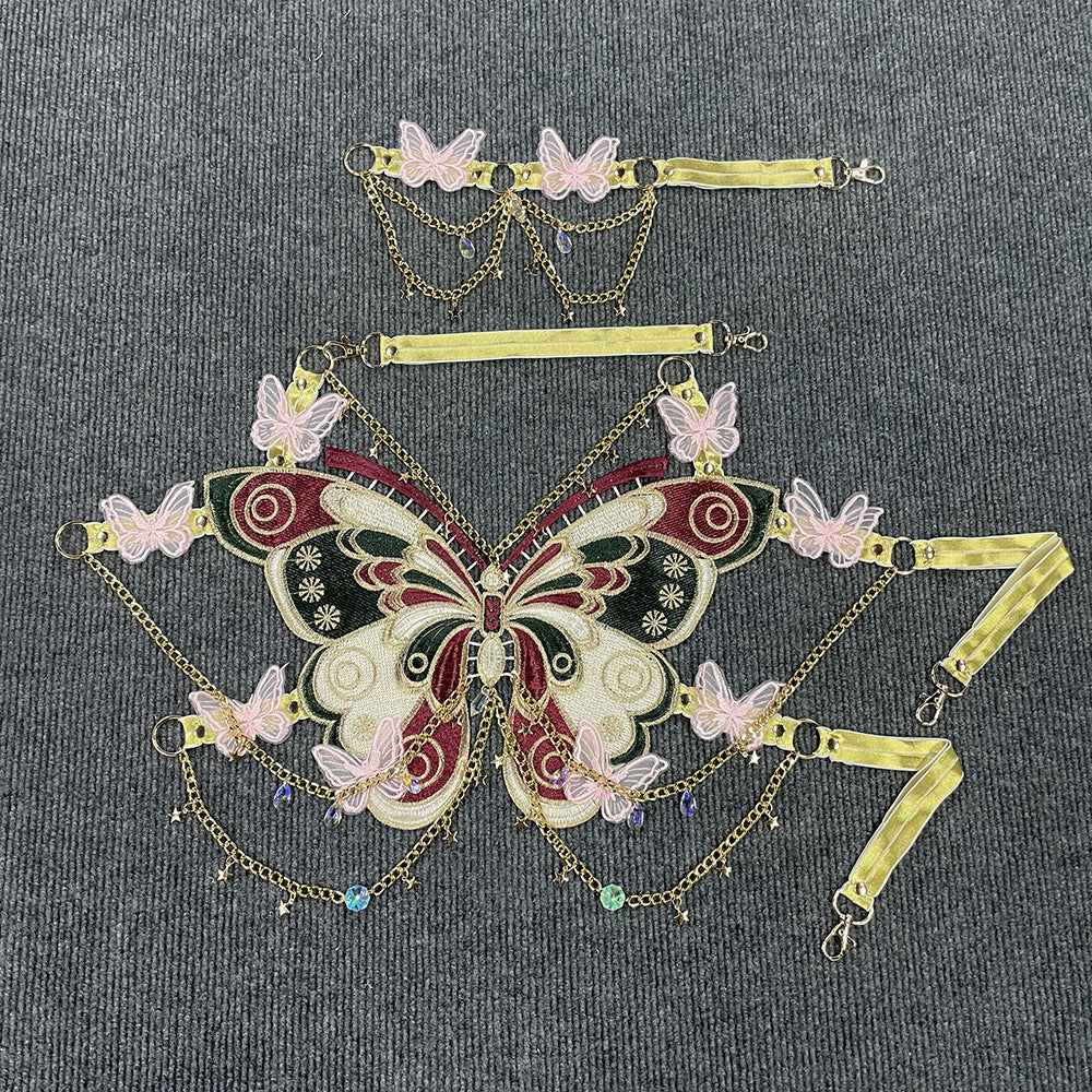 ins European and American cross-border fashion embroidered butterfly stitching metal crystal ornaments ultra-short sling