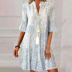 Load image into Gallery viewer, 2023 New Summer Style Amazon European and American Clothing Cross-Border Export V Neck Loose Three-Quarter Sleeve Printed Dress for Women