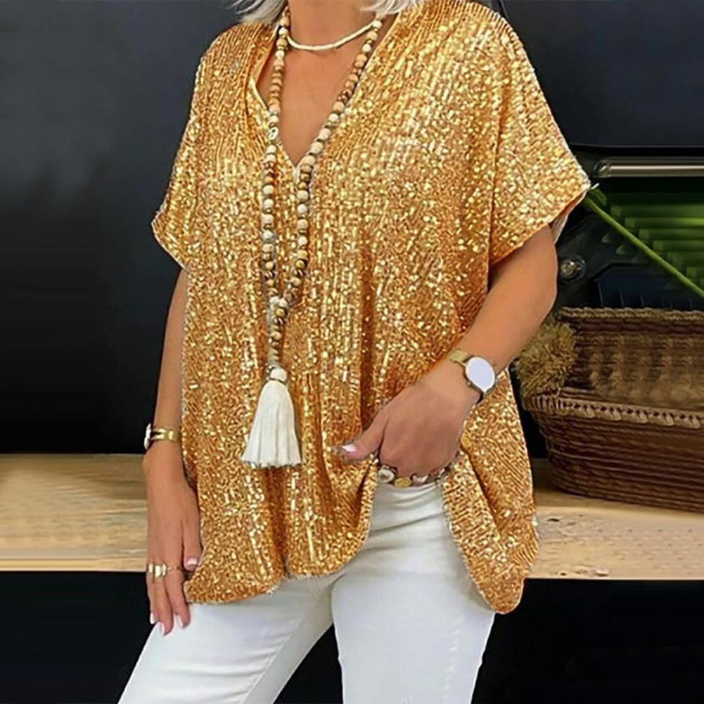2026 New European and American Amazon Short-Sleeved Urban Casual Color Loose-Fitting Pullover Sequined V-Neck T-Shirt Tops for Women