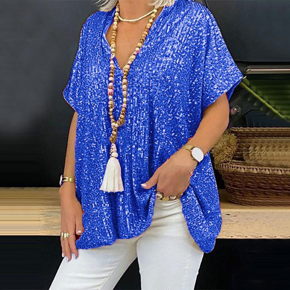 2026 New European and American Amazon Short-Sleeved Urban Casual Color Loose-Fitting Pullover Sequined V-Neck T-Shirt Tops for Women