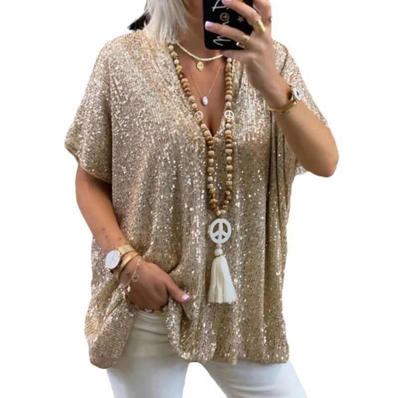 2026 New European and American Amazon Short-Sleeved Urban Casual Color Loose-Fitting Pullover Sequined V-Neck T-Shirt Tops for Women