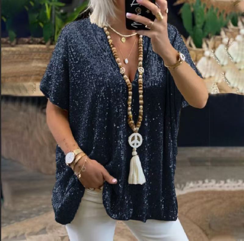2026 New European and American Amazon Short-Sleeved Urban Casual Color Loose-Fitting Pullover Sequined V-Neck T-Shirt Tops for Women