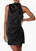 Load image into Gallery viewer, Spring 2024 Women's Short Formal Satin Dress Summer Sleeveless Collar Lace Up Waist Cocktail Party