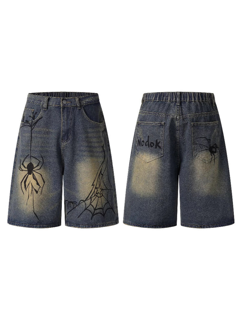 Cross-Border Popular Source | Hand-Painted Spider Denim Shorts Men's Summer Loose Retro Distressed Blue Straight-Leg Trousers