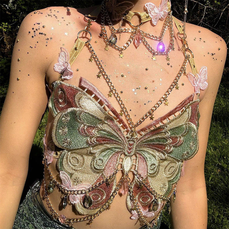 ins European and American cross-border fashion embroidered butterfly stitching metal crystal ornaments ultra-short sling