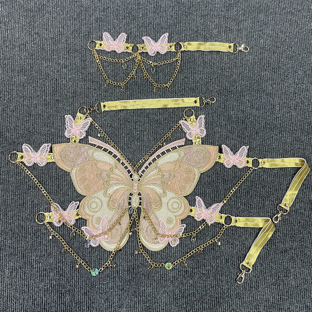 ins European and American cross-border fashion embroidered butterfly stitching metal crystal ornaments ultra-short sling