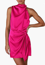 Load image into Gallery viewer, Spring 2024 Women's Short Formal Satin Dress Summer Sleeveless Collar Lace Up Waist Cocktail Party