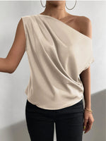 Load image into Gallery viewer, 2026 Spring Solid Color Satin Imitation Silk Irregular Off-Shoulder One-Neck Pullover Sleeveless Shirt for Women European and American Fashion