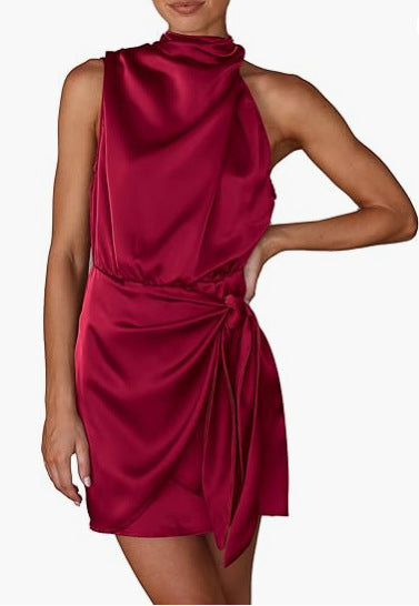 Spring 2024 Women's Short Formal Satin Dress Summer Sleeveless Collar Lace Up Waist Cocktail Party