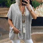 Load image into Gallery viewer, 2026 New European and American Amazon Short-Sleeved Urban Casual Color Loose-Fitting Pullover Sequined V-Neck T-Shirt Tops for Women