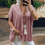Load image into Gallery viewer, 2026 New European and American Amazon Short-Sleeved Urban Casual Color Loose-Fitting Pullover Sequined V-Neck T-Shirt Tops for Women