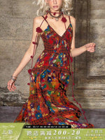 Load image into Gallery viewer, TheNeverMo Fireworks Burning Spring French Retro V-neck Strap Floral Long Dress for Holiday dress Summer