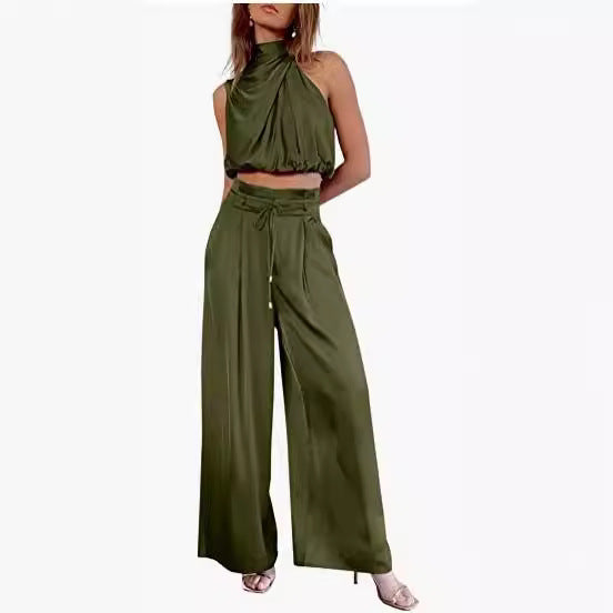 Women's 2-Piece Suit 2023 Summer Fashion Casual Sleeveless Boat Neck Crop Top Wide-Leg Pants