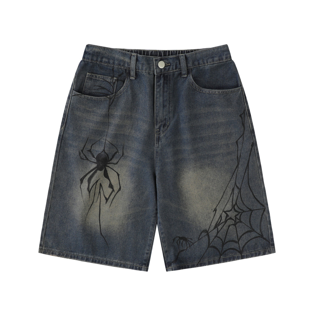 Cross-Border Popular Source | Hand-Painted Spider Denim Shorts Men's Summer Loose Retro Distressed Blue Straight-Leg Trousers