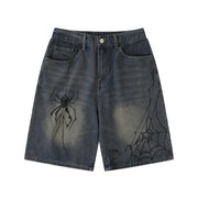 Cross-Border Popular Source | Hand-Painted Spider Denim Shorts Men's Summer Loose Retro Distressed Blue Straight-Leg Trousers