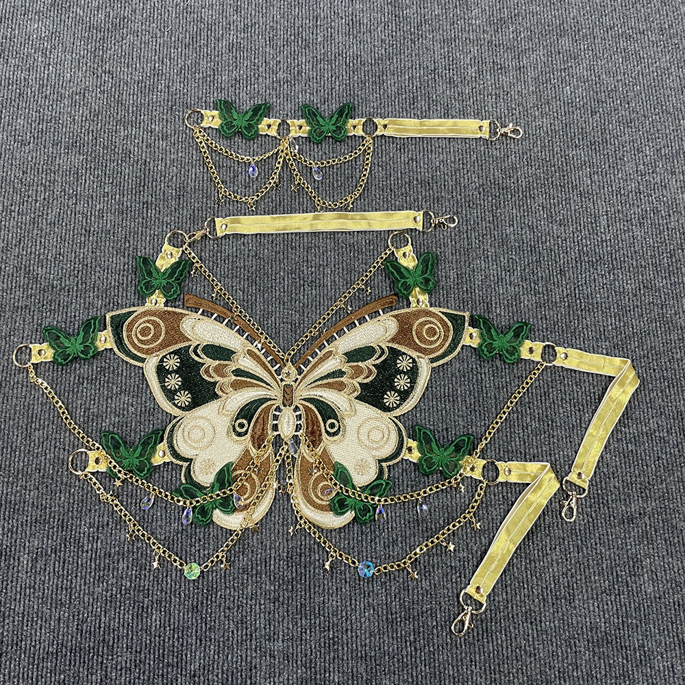 ins European and American cross-border fashion embroidered butterfly stitching metal crystal ornaments ultra-short sling